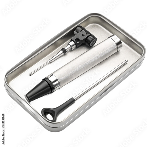 Professional medical diagnostic tools including otoscope and speculum set neatly arranged in a sterile metal tray for clinical examination