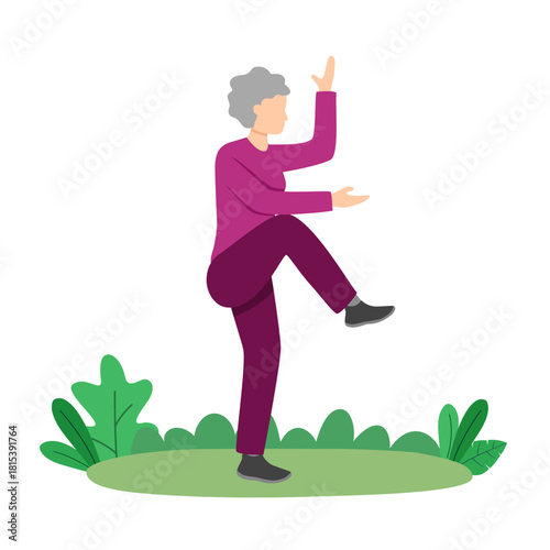 Senior woman practices tai chi in a garden for health and relaxation.
