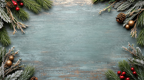 Frosted evergreen border pine cone red berry wooden background winter decor