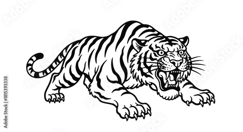 Old-School Tattoo Stencil of a Crawling Tiger with Exaggerated Features and Thick Black Outlines