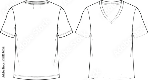 CAD drawing flat vector illustration of crew neck and V-neck t-shirts, fashion technical sketch, garment design template, apparel mockup
