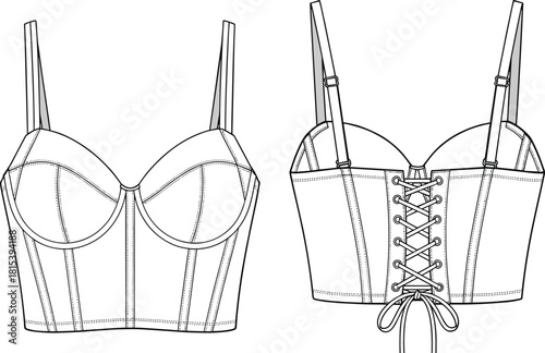 Bustier top technical sketch, front and back view, molded cups, lace-up closure, underwire support, fashion design, garment illustration