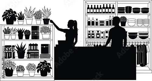 Black and white vector silhouette illustration of a modern retail store interior with customers, potted plants, clothing racks, and shelves displaying bottles and homeware products.