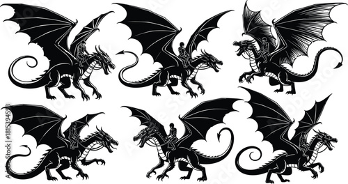 dragon silhouettes, rider on dragon, flying beast, fantasy sketch, mythical creature, black vector, flat illustration, dramatic