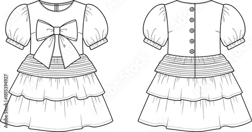 Girl’s dress technical sketch, front and back view, puff sleeves, bow detail, scalloped hem, fashion design, garment illustration