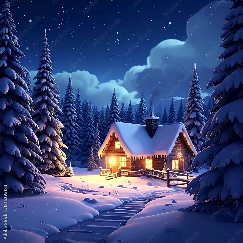 Fototapeta premium A cozy wooden cabin nestled amongst snow-covered fir trees on a clear night. Warm light emanates from within