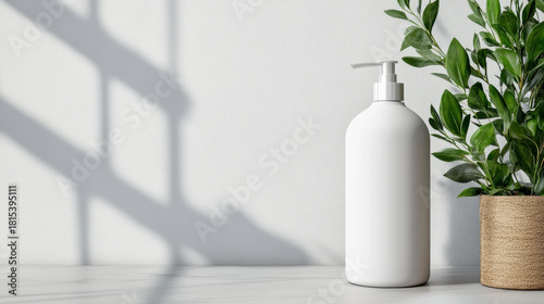 Minimal white pump bottle and green potted plant on sunlit tabletop, calm natural scene