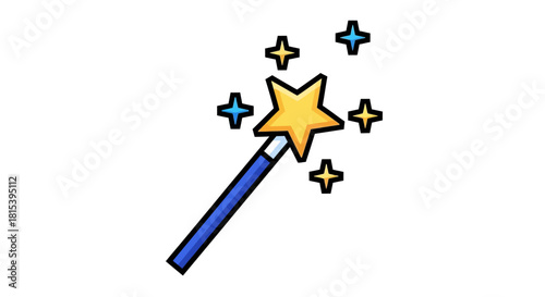 A cartoon magic wand with a yellow star and colorful sparks on a white background.
