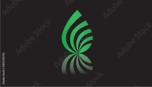 Green abstract droplet logo with smooth gradient curves and a clean mirrored reflection on a dark background