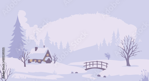 Cozy Winter Cabin Landscape with Snow Covered Forest and Rising Sun, Cartoon Vector
