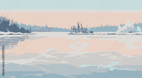 Illustration of a Frozen Lake at Sunset in a Northern Landscape