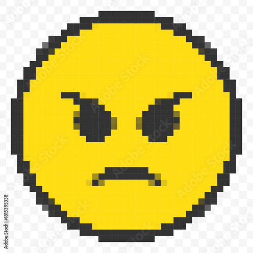 Pixelated Digital Angry Emoji Face Icon with Blocky Style Expression