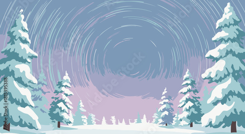 Winter Solstice Star Trails Over Snowy Evergreen Forest