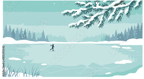 Ice Skater on Frozen Lake in Snowy Winter Landscape