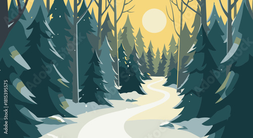 Illustration of a Winter Forest Scene with Snow-Covered Path Leading Towards the Setting Sun
