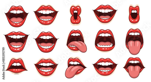 Collection of various cartoon mouths and tongues on a white background