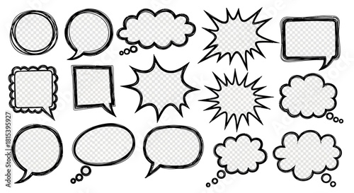 Collection of various comic book style speech bubbles and thought clouds on a white background
