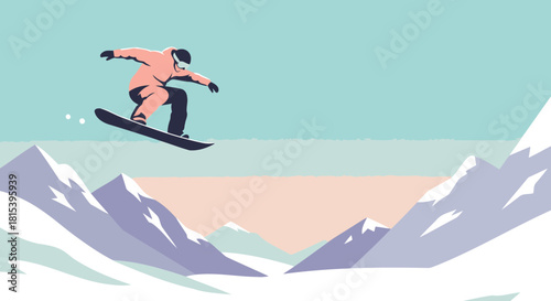 Snowboarder Silhouette Jumps Against Mountain Landscape