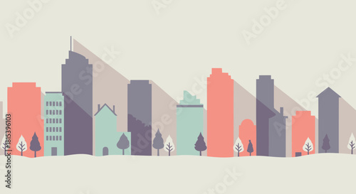 Here is a stock photo description that fits your prompt.

**Title:** Winter Cityscape Silhouette Illustration in Muted Tones