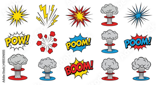 Flat lay of comic explosion and bomb graphic illustrations with dynamic text effects on white background.