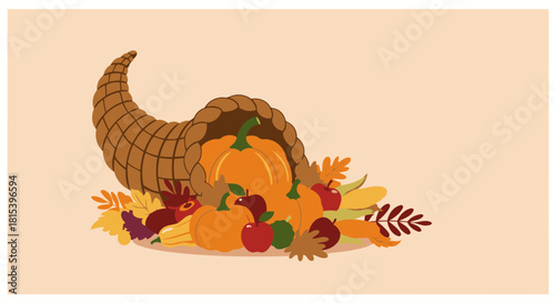 Cornucopia with Autumn Harvest of Fruits and Vegetables on Beige Background