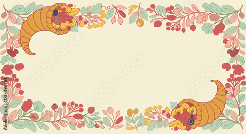 Thanksgiving Themed Invitation or Announcement Background with Colorful Cornucopia and Berries
