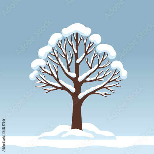 A bare tree covered in snow stands in a winter landscape under a clear blue sky.
