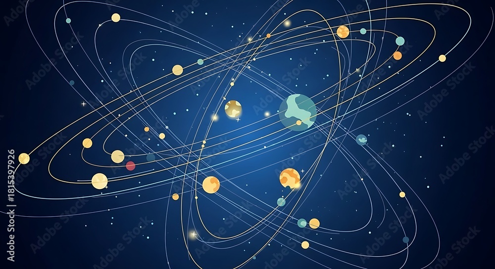 Fototapeta premium Abstract depiction of a solar system with planets orbiting a central star.