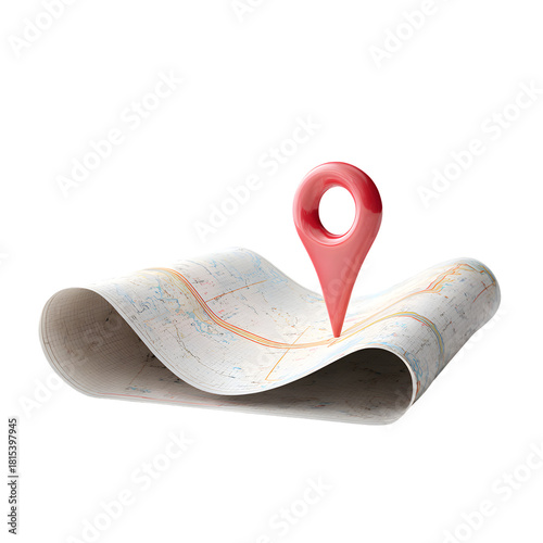 3D map pin icon on a stylized route map. GPS navigation, location, and travel destination concept. Minimalist 3D render isolated on black background.