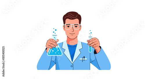 Illustration of a male scientist holding laboratory flasks with blue liquids on a white background