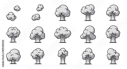 Illustration of multiple mushroom clouds in various stages of explosion against a white background