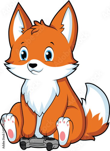 Cute fox playing videogame