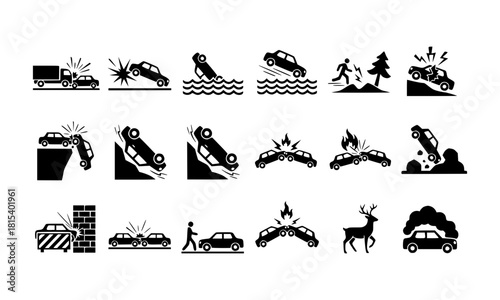 Set of vector silhouettes illustrating car crash and transport danger warning.