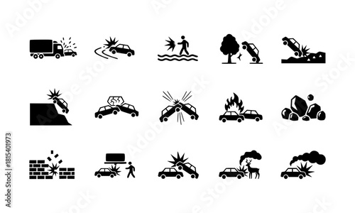 Set of vector silhouettes illustrating car crash and transport danger warning.