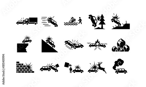 Set of vector silhouettes illustrating car crash and transport danger warning.