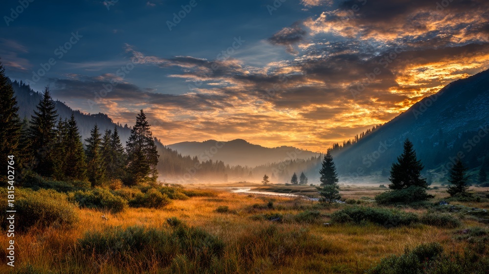Fototapeta premium A vibrant sunrise bathes a valley in golden light, illuminating trees, a stream, and distant mountains