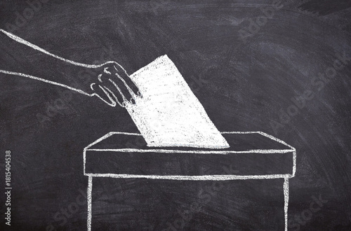 Hand-drawn chalk sketch on dark blackboard – hand casting envelope into ballot box, symbol of elections and democracy