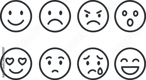 Set of Basic Emoji Line Icons Depicting Different Facial Expressions