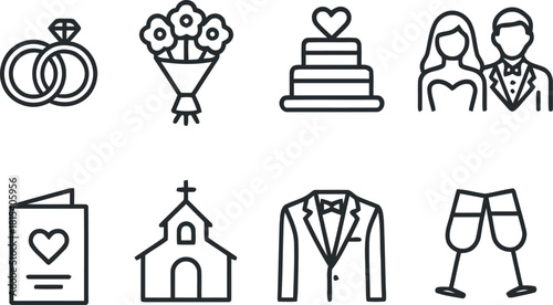 Wedding Element Icons Set in Modern Line Style Design Vector