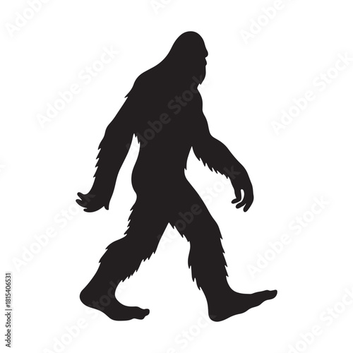 Three black silhouette illustrations of bigfoot walking in different poses on a white background