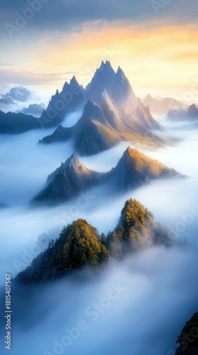 Dramatic mountain landscape with sharp peaks piercing through a thick layer of fog and clouds during a golden sunrise.