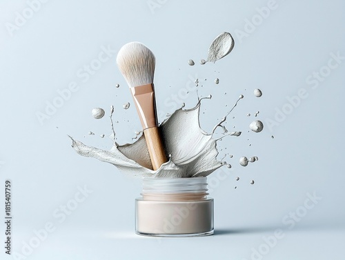 A makeup brush is shown emerging from a jar of powder, with a splash of powder erupting around it.