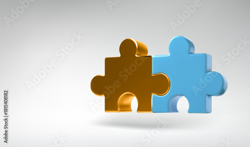 Golden and blue 3D puzzle fusion icon. Isometric perspective, yellow metal plastic jigsaw. Two pieces show partner administration. Solve task concept, team work framework. Abstract realistic style.