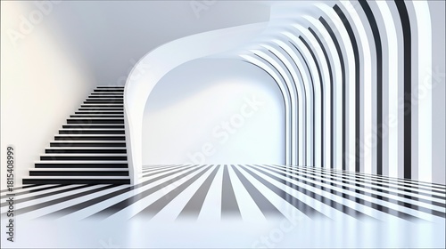 A contemporary interior space featuring a staircase and a curved tunnel, both adorned with striking black and white stripes.