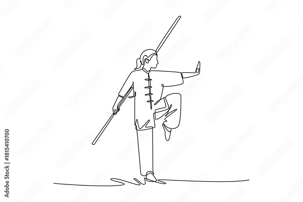 Obraz premium Continuous one line drawing woman Wushu athlete balancing on one leg, holding staff vertically. Precision, control, and grace of martial arts form. Single line draw design vector graphic illustration