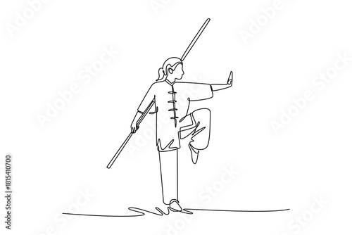 Continuous one line drawing woman Wushu athlete balancing on one leg, holding staff vertically. Precision, control, and grace of martial arts form. Single line draw design vector graphic illustration