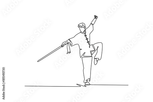 Continuous one line drawing man Wushu athlete balancing on one leg, holding sword horizontally. Precision, control, and grace of martial arts form. Single line draw design vector graphic illustration