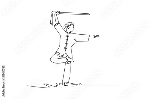 Continuous one line drawing woman Wushu athlete balancing on one leg, holding sword high overhead. Precision, control, grace of martial arts form. Single line draw design vector graphic illustration