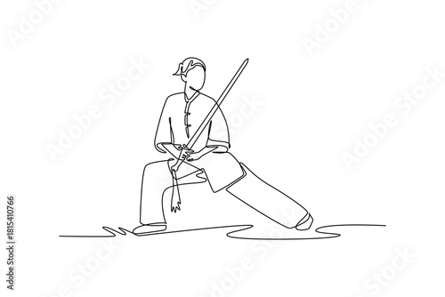 Single continuous line drawing woman Wushu athlete poised in deep bow stance, holding sword vertically. Precision, balance, disciplined form. Dynamic one line draw graphic design vector illustration