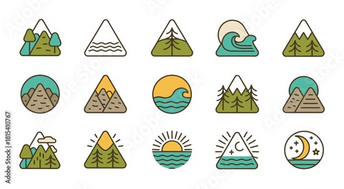 Triangular nature emblems showcasing stylized mountains, forest silhouettes, ocean waves, and celestial scenes with sun and moon elements in modern minimalist vector artwork
